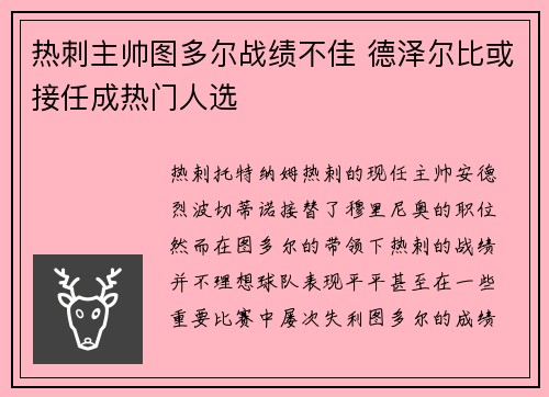 热刺主帅图多尔战绩不佳 德泽尔比或接任成热门人选